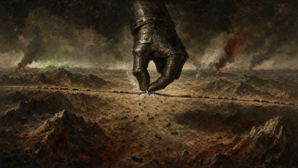 Otto Dix style painting of an armoured hand reaching from the sky to snap a transcontinental railway line