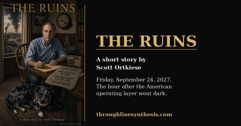 Landscape cover card for The Ruins. Oil painting of Scott Ortkiese at a small writing desk in a Houston bungalow the morning after the American operating layer went dark, a beige Panasonic radio on the desk, a newspaper with headlines NVIDIA HALTED, GULF SETTLES IN YUAN, THREE MILE ISLAND RESTART FAILS, TREASURY SILENT, a burning city visible through the window, and Roux lying at his feet. Title THE RUINS in gold serif, byline, date, and the domain throughlinesynthesis.com on a black panel to the right.
