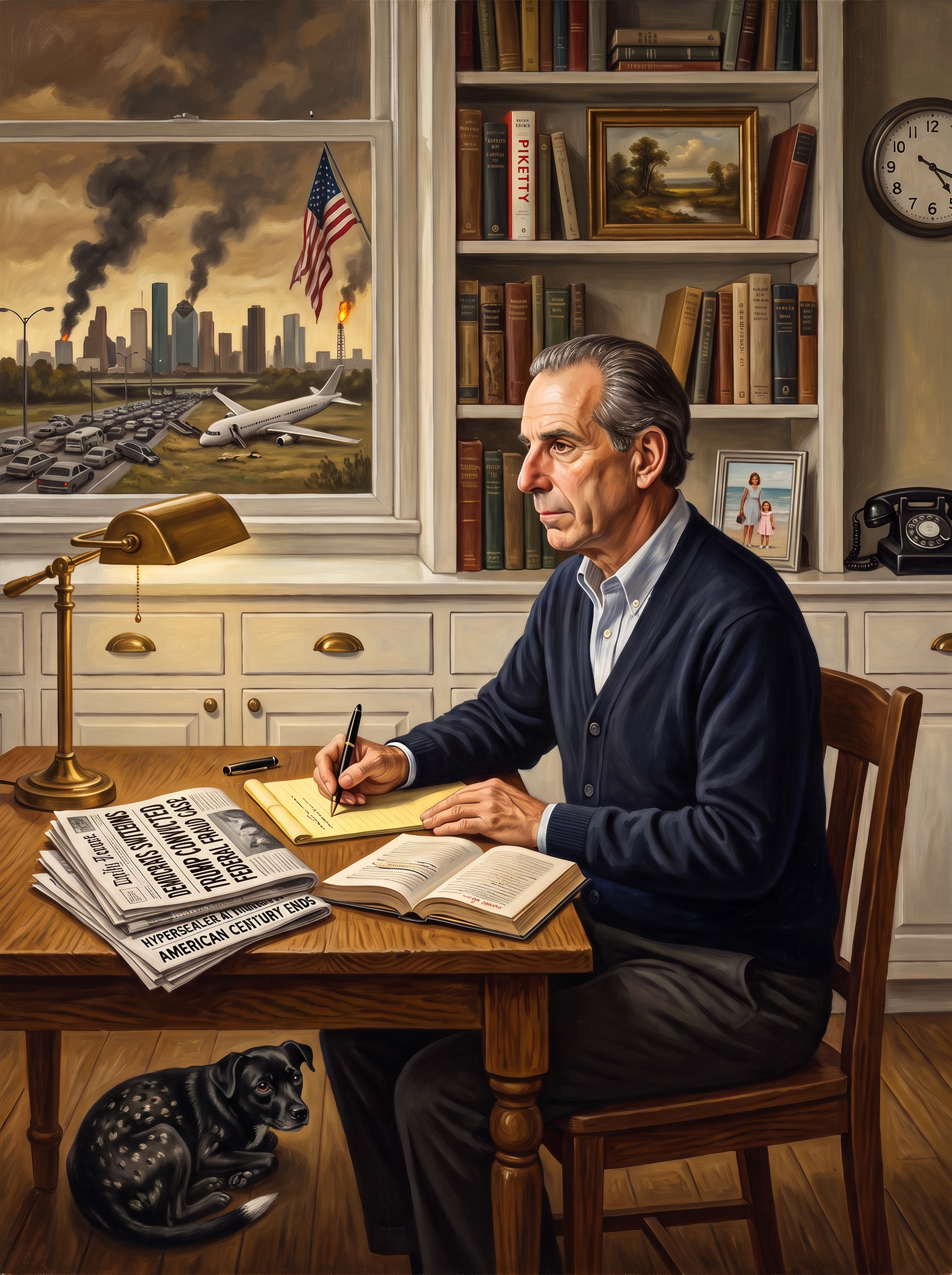 Otto Dix style verist oil painting of a seventy year old widower writer at a kitchen table in a Houston bungalow, writing on a yellow legal pad, with a medium-large pit bull and Catahoula hound mix at his feet, coat mostly black with a silver-blue merle pattern across the shoulders and haunches and a white bib and a white sock and a white paintbrush tail-tip, a stopped analog clock on the wall behind, a beige Panasonic transistor radio on the table, a stack of newspapers with legible headlines reading Nvidia halted and Gulf settles in yuan and Three Mile Island restart fails and Treasury silent, and a kitchen window on the left opening onto a dystopian street with dead cars and a black column of smoke on the horizon.