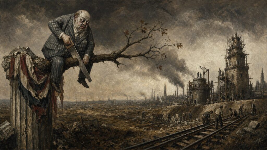 Otto Dix style painting of a statesman sawing off the branch he sits on while other nations build in the distance