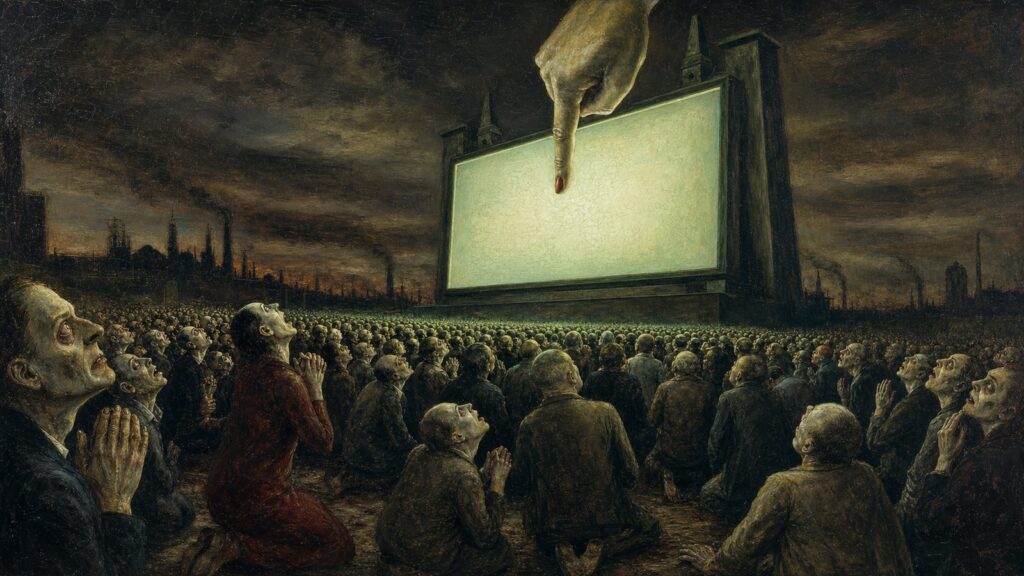 Otto Dix style painting of a vast glowing screen raised like an altarpiece above a kneeling crowd