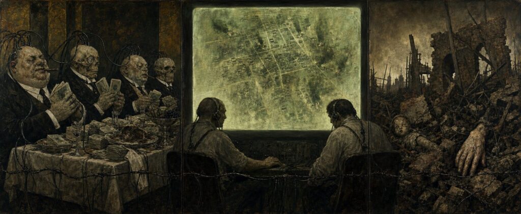 Otto Dix style triptych on the merger of the national security state and predatory capital