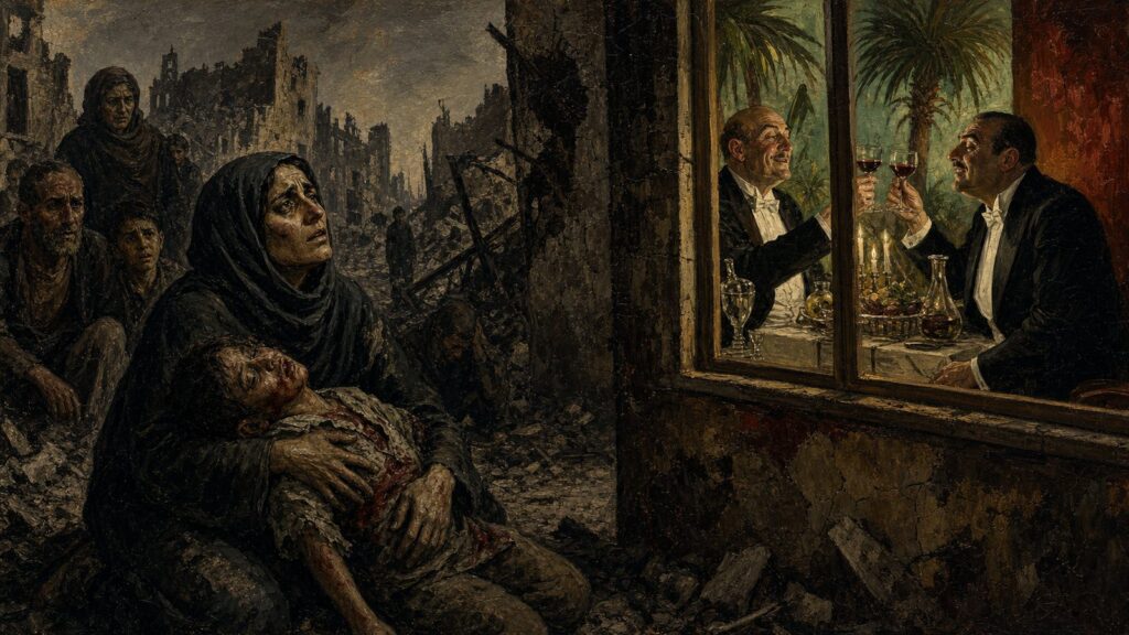 Otto Dix style painting of a mother cradling a wounded child in rubble beside a lit window where two men toast each other
