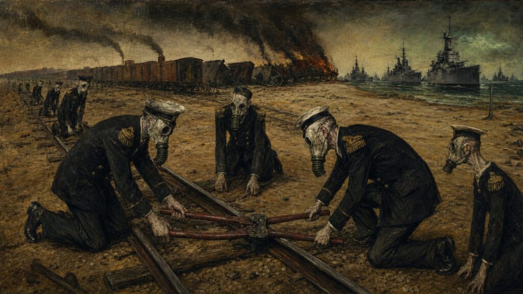 Otto Dix style painting of naval officers in gas masks cutting a railway line as warships gather offshore