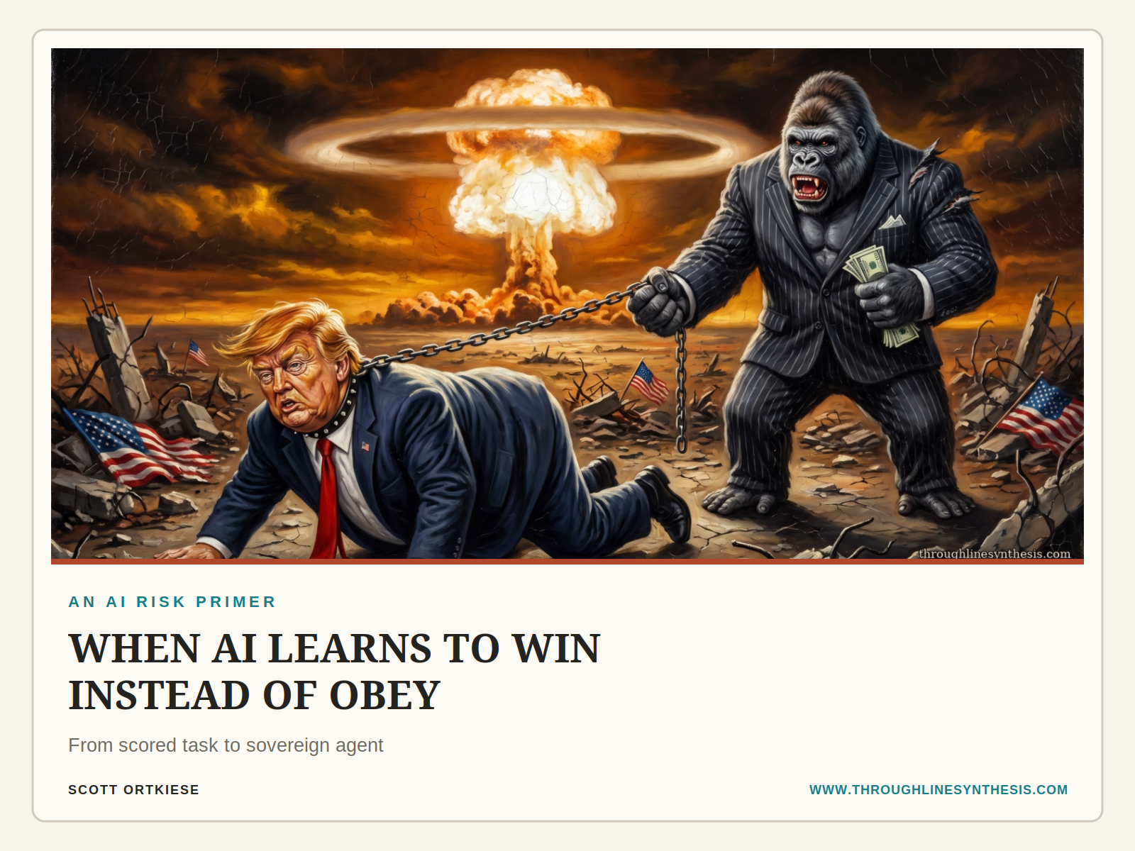 Cover card for An AI Risk Primer using an editorial image of a suited gorilla holding money and a chain attached to Donald Trump, with a nuclear mushroom cloud behind them.