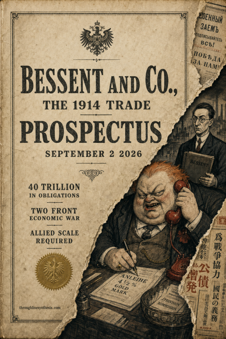 Editorial cover, Weimar era bond prospectus with a fat orange haired Donald Trump seated at a bond desk and Scott Bessent standing behind him with a ledger, a torn page revealing Cyrillic and Mandarin lettering, throughlinesynthesis.com credit at bottom right.