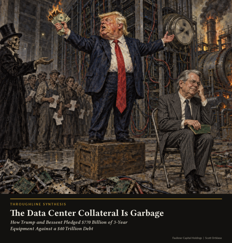 Satirical oil painting after Otto Dix showing Donald Trump on a wooden crate holding a burning fan of dollar bills, Scott Bessent seated beside him closing a green accounts book, rusting server racks and a burning power plant behind them, a queue of gaunt ratepayers holding bills, a skeletal creditor in a top hat with an open hand, and a floor of scrapped circuit boards and cable.