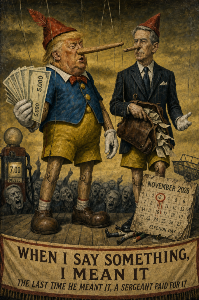 Grotesque satirical painting in the manner of Otto Dix. Donald Trump and Treasury Secretary Scott Bessent stand on a carnival stage dressed as Pinocchio, wooden noses extended, marionette strings running up out of frame. Trump fans out oversized $5,000 checks. A fuel pump reads $7.00 for diesel and a peeling wall calendar reads NOVEMBER 2026 with the 3 circled in red and ELECTION DAY beneath it.