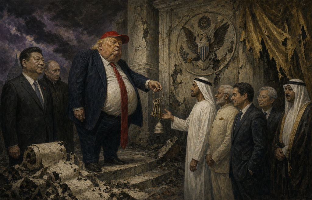 Grosz and Otto Dix style satirical painting of a grotesque, obese Donald Trump with orange hair and a jaundiced Scott Bessent handing over a set of keys to a stern Vladimir Putin, Xi Jinping, and Masoud Pezeshkian at the head of a long table strewn with spent missile casings, torn Treasury certificates, and burning oil derricks in the background.
