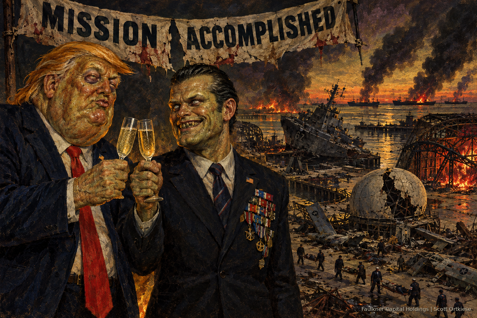 Painted satirical scene in the manner of Otto Dix. Donald Trump and Pete Hegseth toast each other with champagne under a bloodstained MISSION ACCOMPLISHED banner while a warship lists at a wrecked pier, a radar dome splits open, oil tankers burn on the horizon, and casualties are carried past on stretchers.