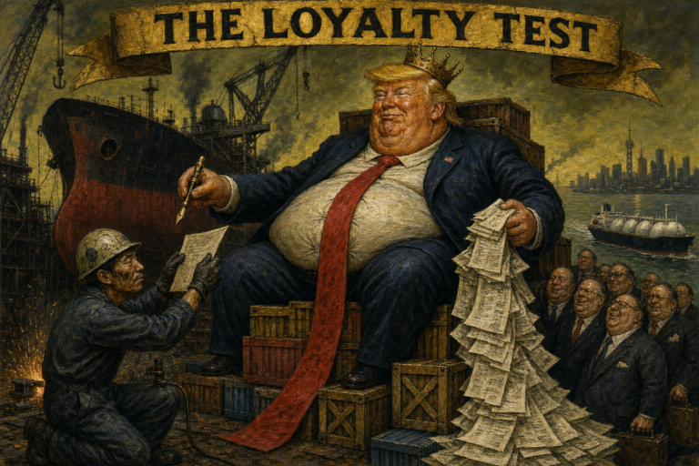 Satirical painted allegory in the manner of Otto Dix. A bloated crowned Donald Trump sits enthroned on stacked shipping crates beneath a gold banner reading THE LOYALTY TEST, surrounded by fawning courtiers, while a cascade of invoices falls past a kneeling Korean welder holding a document and an unfinished ship hull stands behind him under idle cranes, and a laden gas tanker sails away toward a Chinese skyline.