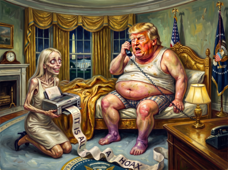 Satirical oil painting in the style of Otto Dix showing a grossly obese caricature of Donald Trump in a stained undershirt and boxer shorts, sitting on a gilded bed in the Oval Office after two in the morning and shouting into a telephone handset, while a starved, wide-eyed Natalie Harp kneels on the presidential seal woven into the carpet, cradling a portable printer whose paper ribbon reads IT IS ALL A HOAX, with the floodlit Washington Monument visible through the window behind them.