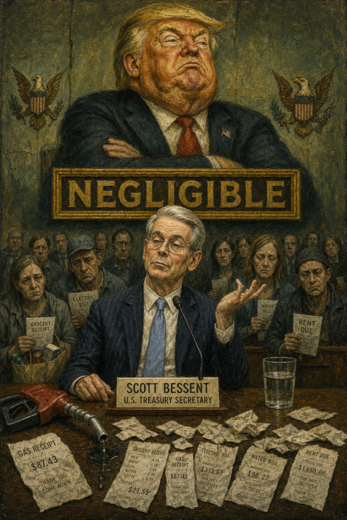 Painted cover in the manner of Otto Dix showing Treasury Secretary Scott Bessent testifying at a committee table while the word Negligible hangs over a burning refinery, a fuel pump, and a foreclosed house.