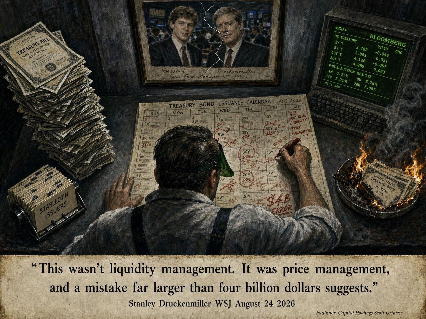 Weimar-era editorial illustration of a trader desk with green-visored Scott Bessent, burning long bonds, a cracked Druckenmiller photo, and a stablecoin rolodex.