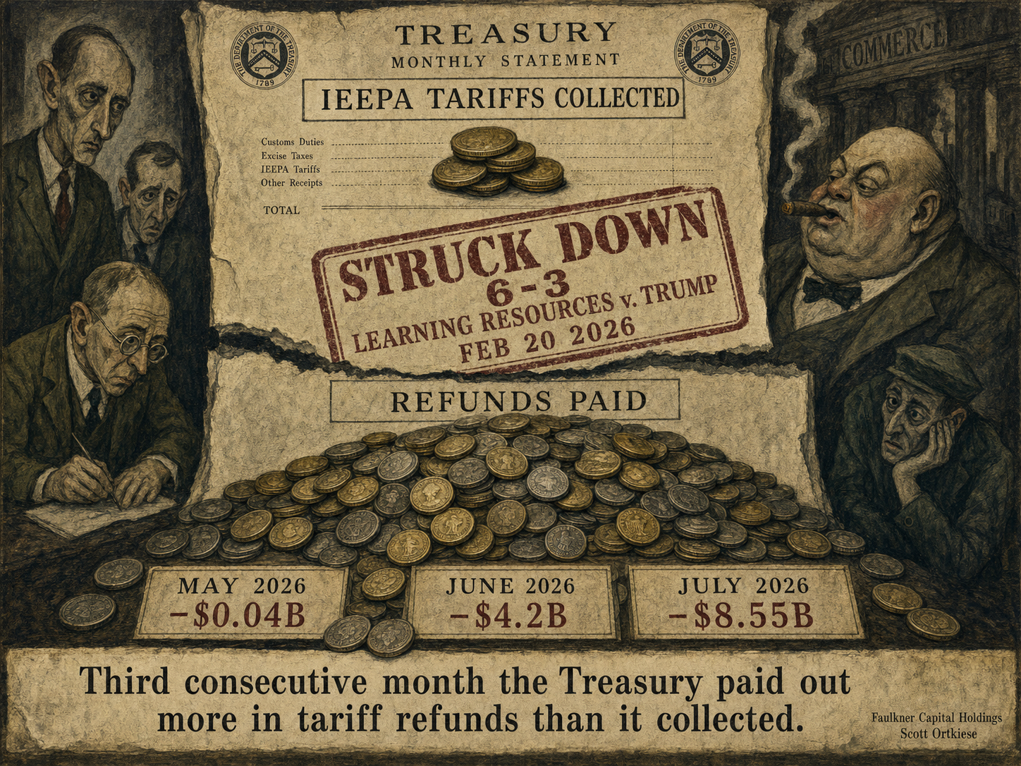 Weimar-era editorial illustration of a torn Treasury monthly statement showing tariff refunds exceeding collections, stamped STRUCK DOWN 6-3 LEARNING RESOURCES v. TRUMP FEB 20 2026.