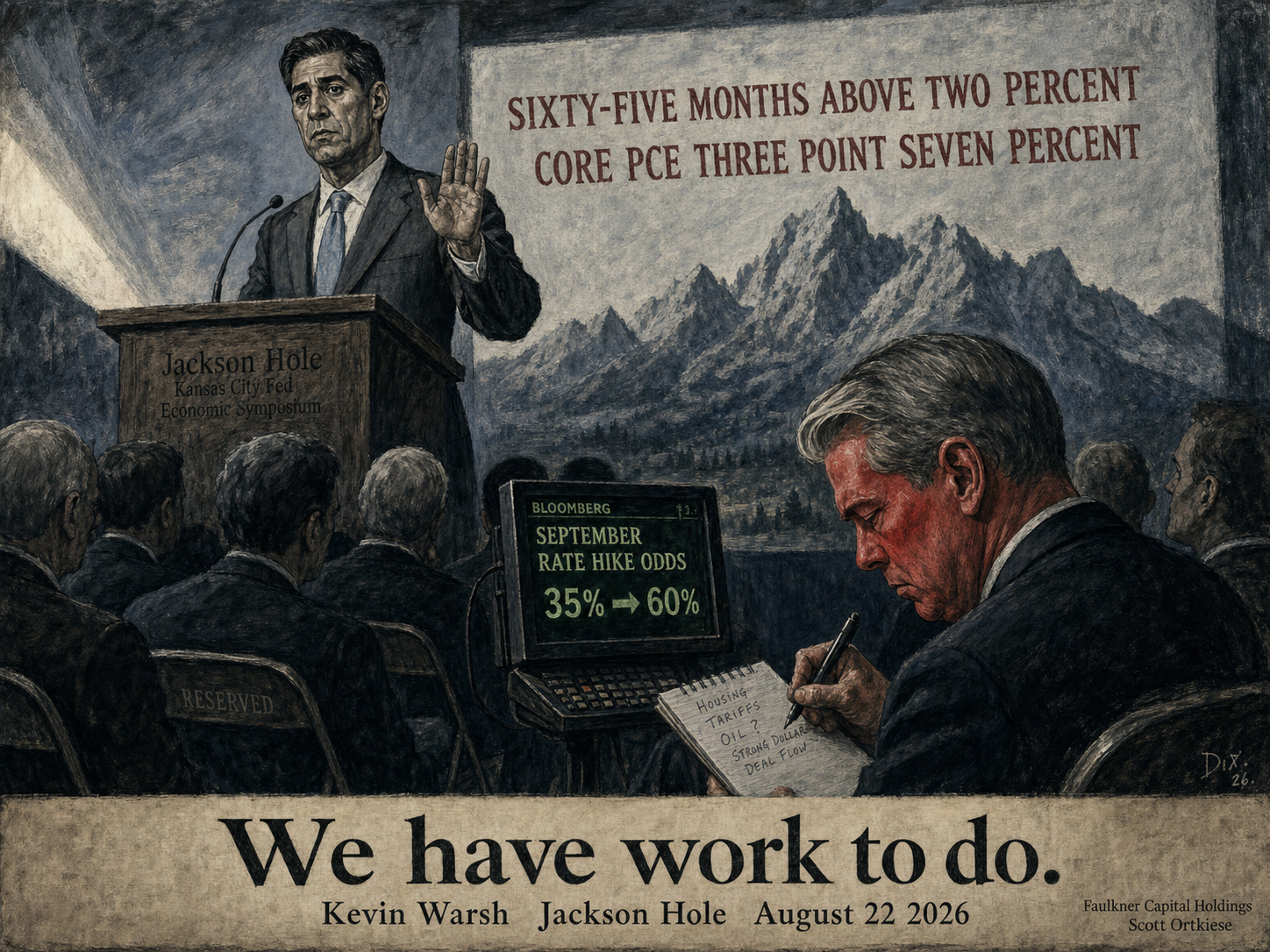 Weimar-era editorial illustration of Kevin Warsh at the Jackson Hole lectern gesturing stop, with SIXTY-FIVE MONTHS ABOVE TWO PERCENT and CORE PCE THREE POINT SEVEN PERCENT projected behind, Bessent flushed in the front row.