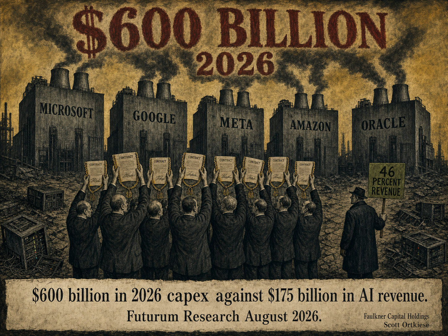 Weimar-era editorial illustration of five hulking data centers labeled MICROSOFT, GOOGLE, META, AMAZON, ORACLE with smoke forming $600 BILLION 2026 overhead, executives saluting contracts, and a lone protester holding a 46 PERCENT REVENUE sign.