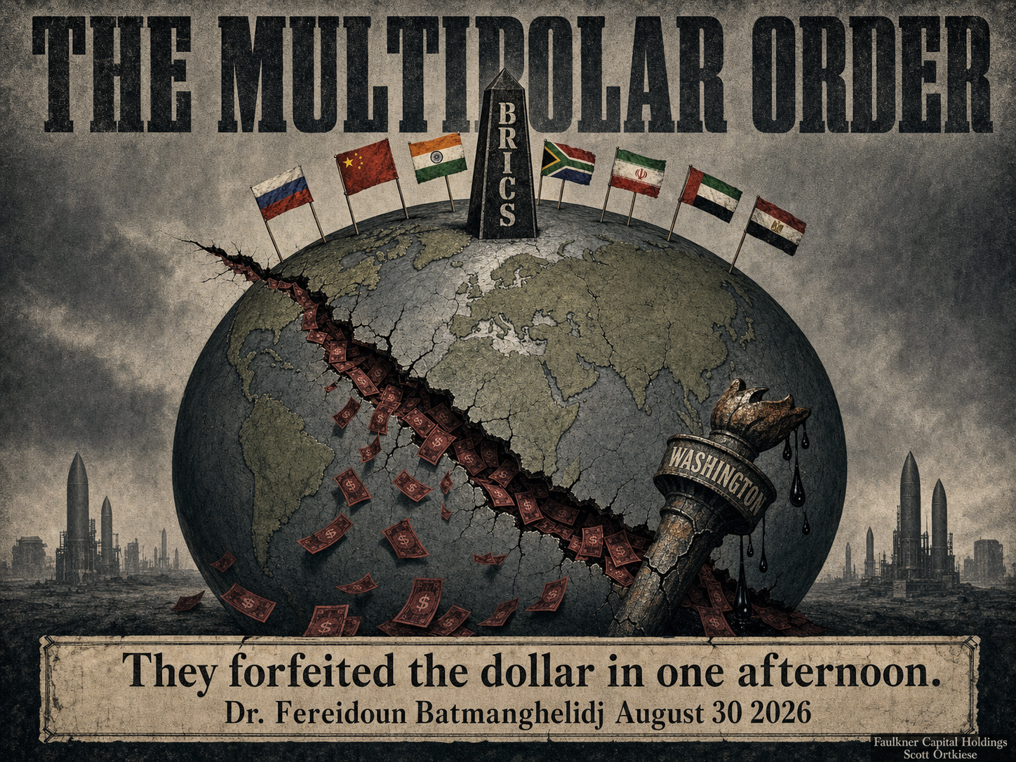Weimar-era editorial illustration of a cracked globe with oxblood banknotes falling out of the crack, a BRICS obelisk on top surrounded by member flags, and a rusted Washington torch dripping oil.