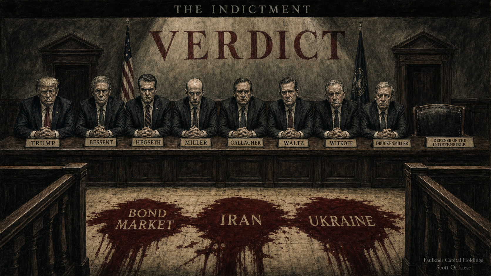 Weimar-era editorial illustration of a wide tribunal courtroom with eight named defendants seated behind a long dark wood table, an empty ninth chair labeled DEFENSE OF THE INDEFENSIBLE, VERDICT inscribed above, and three pools of oxblood on the floor labeled BOND MARKET, IRAN, UKRAINE.