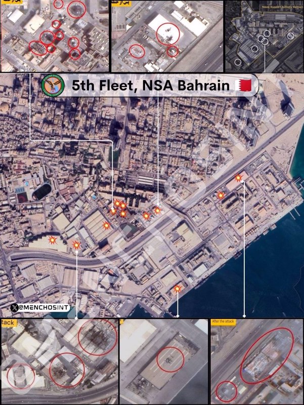 Photograph circulated 24 June 2026 showing structural damage at Naval Support Activity Bahrain, headquarters of the US Fifth Fleet.