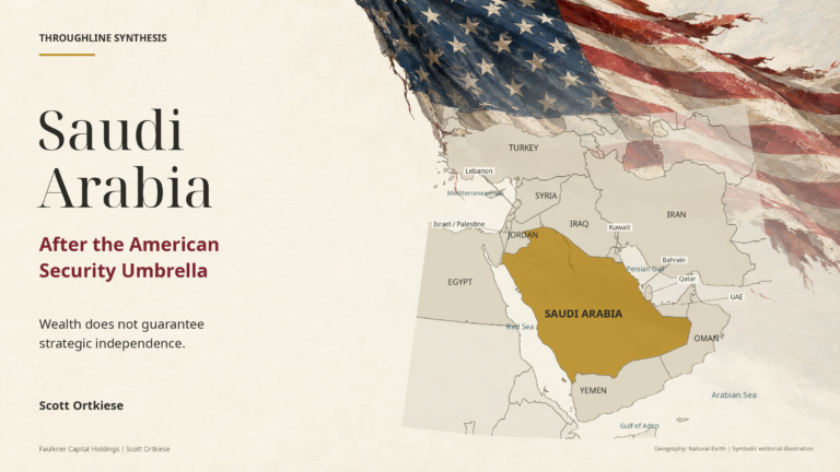 An accurate regional map highlights an intact Saudi Arabia in gold beneath a symbolic, fraying American flag. Title: Saudi Arabia After the American Security Umbrella. By Scott Ortkiese.
