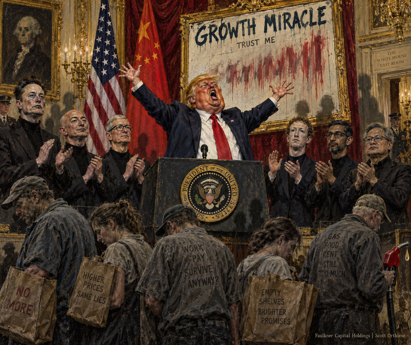 Grotesque painterly satire in the manner of Otto Dix showing Donald Trump at a White House podium with arms flung up beneath a placard reading GROWTH MIRACLE and TRUST ME, the number on it smeared illegible, flanked by applauding technology executives, with ordinary Americans carrying empty grocery bags in the foreground.