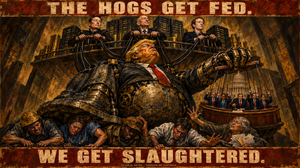 Non-photoreal editorial satire: tech oligarch caricatures control a corpulent Trump-like robot, which controls congressional puppets while pressing down on suffering adult wage earners. The text reads: The hogs get fed. We get slaughtered.