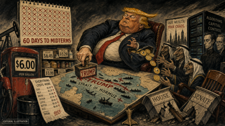 Expressionist editorial caricature of Trump looming over the Strait of Hormuz amid high prices, crypto enrichment, AI oligarchs and threatened congressional losses