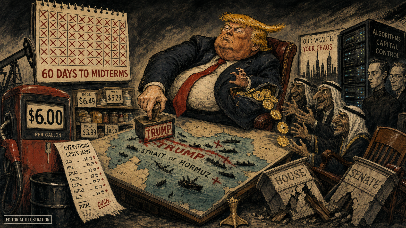 Expressionist editorial caricature of Trump looming over the Strait of Hormuz amid high fuel and food prices, crypto enrichment, AI oligarchs, threatened congressional losses and a sixty-day midterm countdown