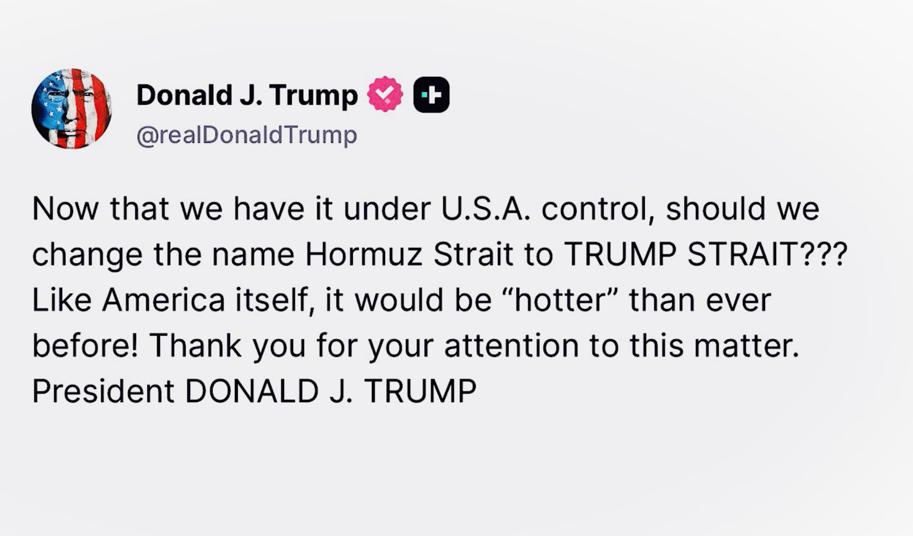 Donald Trump Truth Social post proposing "TRUMP STRAIT," September 2, 2026