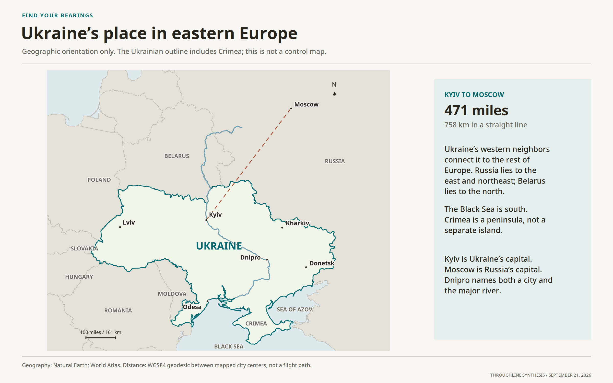 Ukraine and its neighbors, with the principal cities identified.