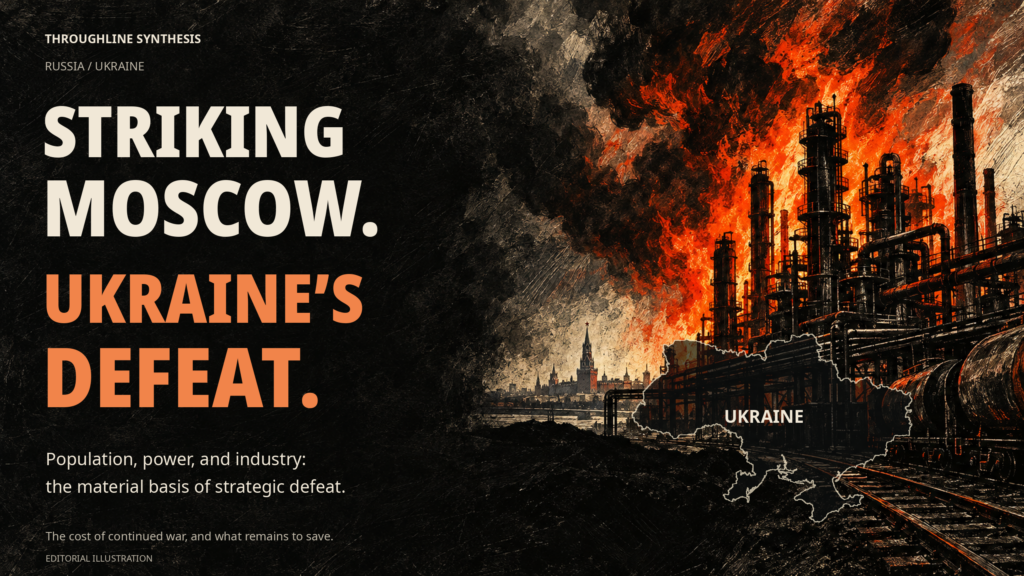 Editorial illustration of a refinery fire and Ukraine’s national defeat.