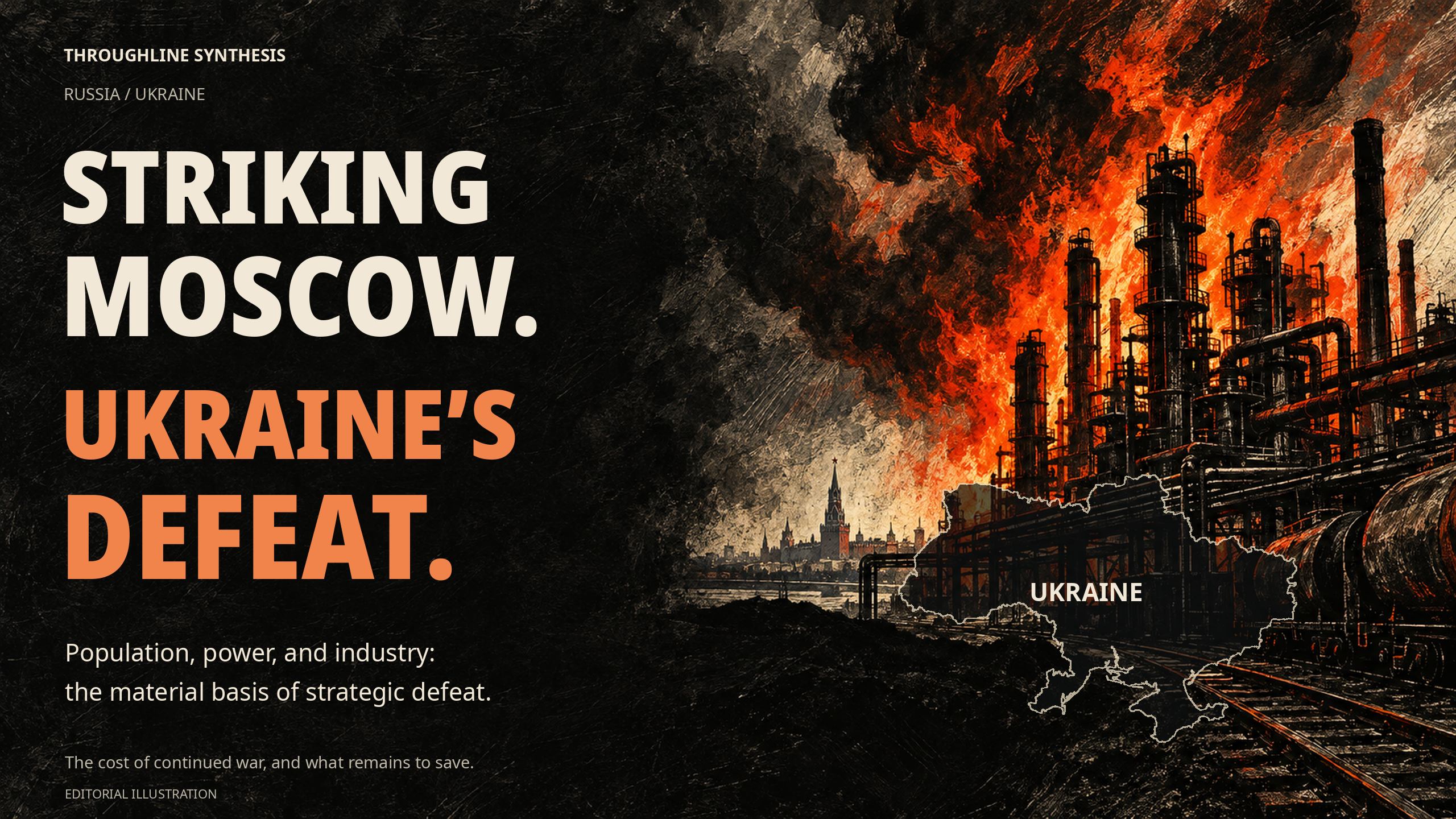 Editorial illustration of a refinery fire and Ukraine’s national defeat.