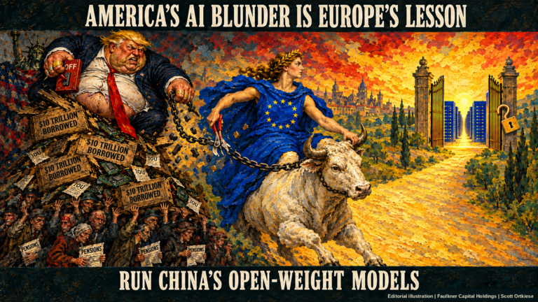 Satirical oil painting: a corpulent Trump on a tower of debt crates yanks a chain that Europa cuts as she rides the bull toward an open gate.