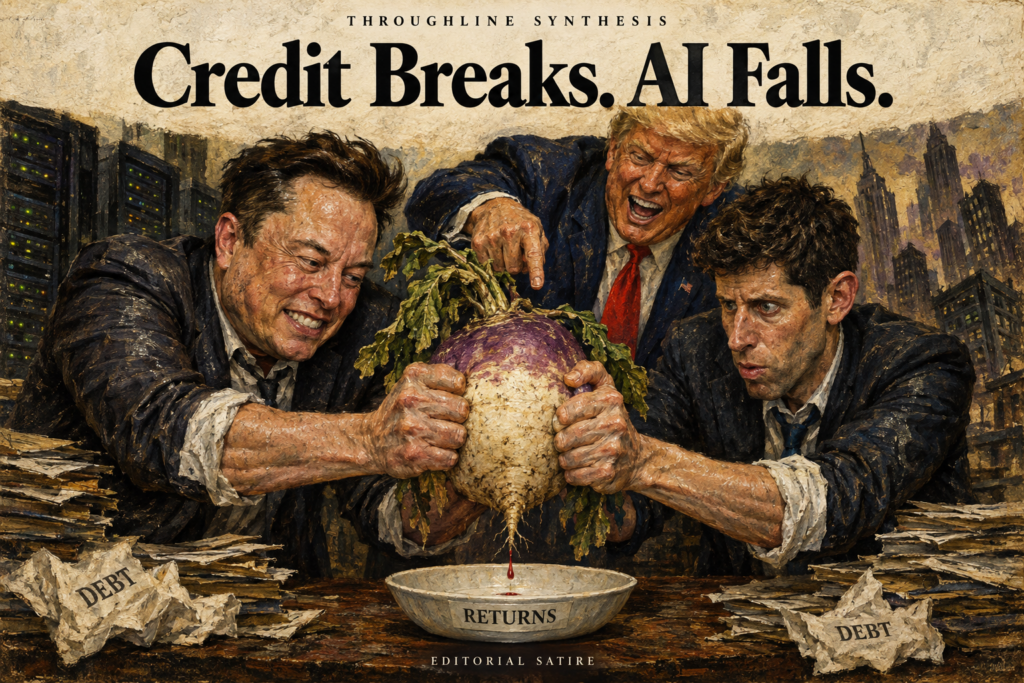 Editorial satire: Elon Musk and Sam Altman squeeze a turnip over a bowl marked RETURNS while Trump urges them on above piles of debt.