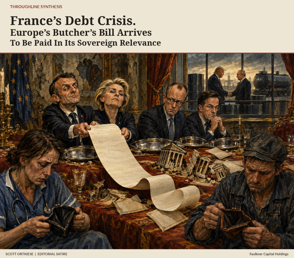 Satirical painting of Macron, von der Leyen, Merz and Rutte at a decaying banquet, passing a long bill to a nurse and factory worker with empty purses; Trump and Putin shake hands beside diesel barrels in the background.