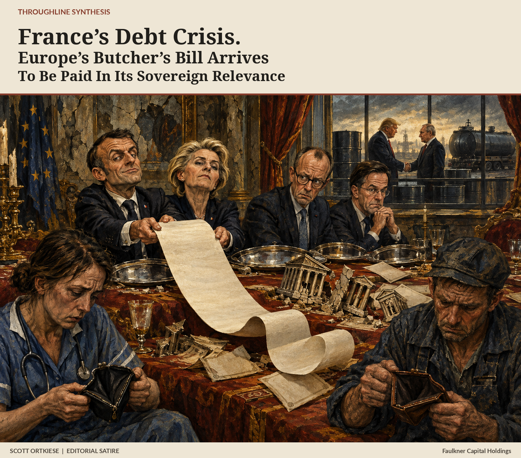 Satirical painting of Macron, von der Leyen, Merz and Rutte at a decaying banquet, passing a long bill to a nurse and factory worker with empty purses; Trump and Putin shake hands beside diesel barrels in the background.