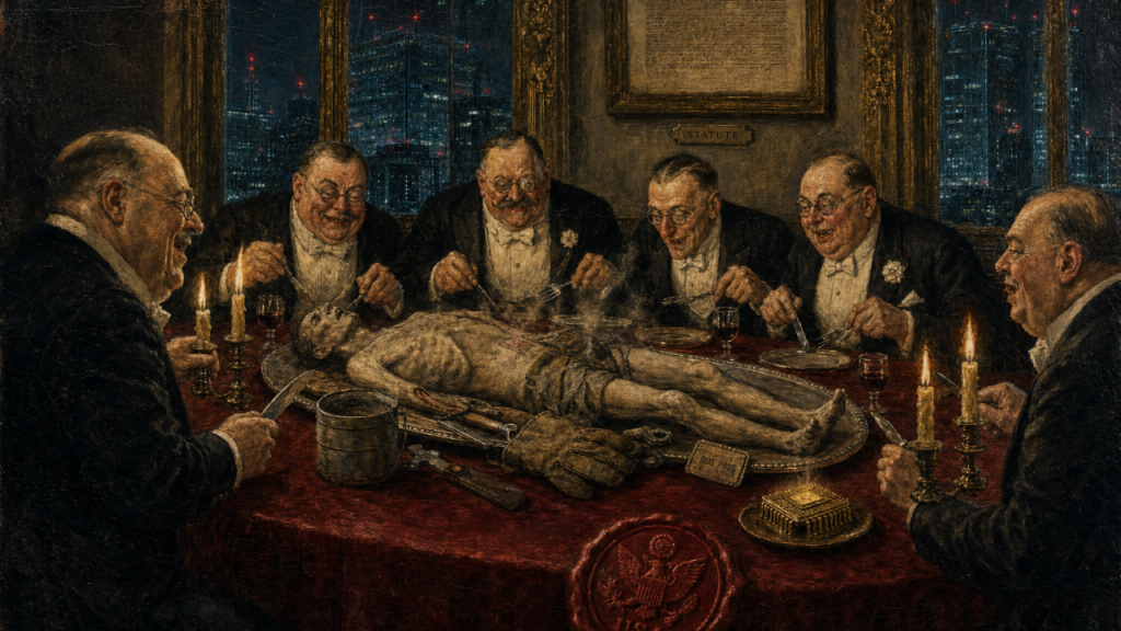 Painting of 6 men in evening dress at a red banquet table, carving the body of a working man on a silver platter beside a gold computer chip, a bus pass, and a lunch pail, under a framed statute.