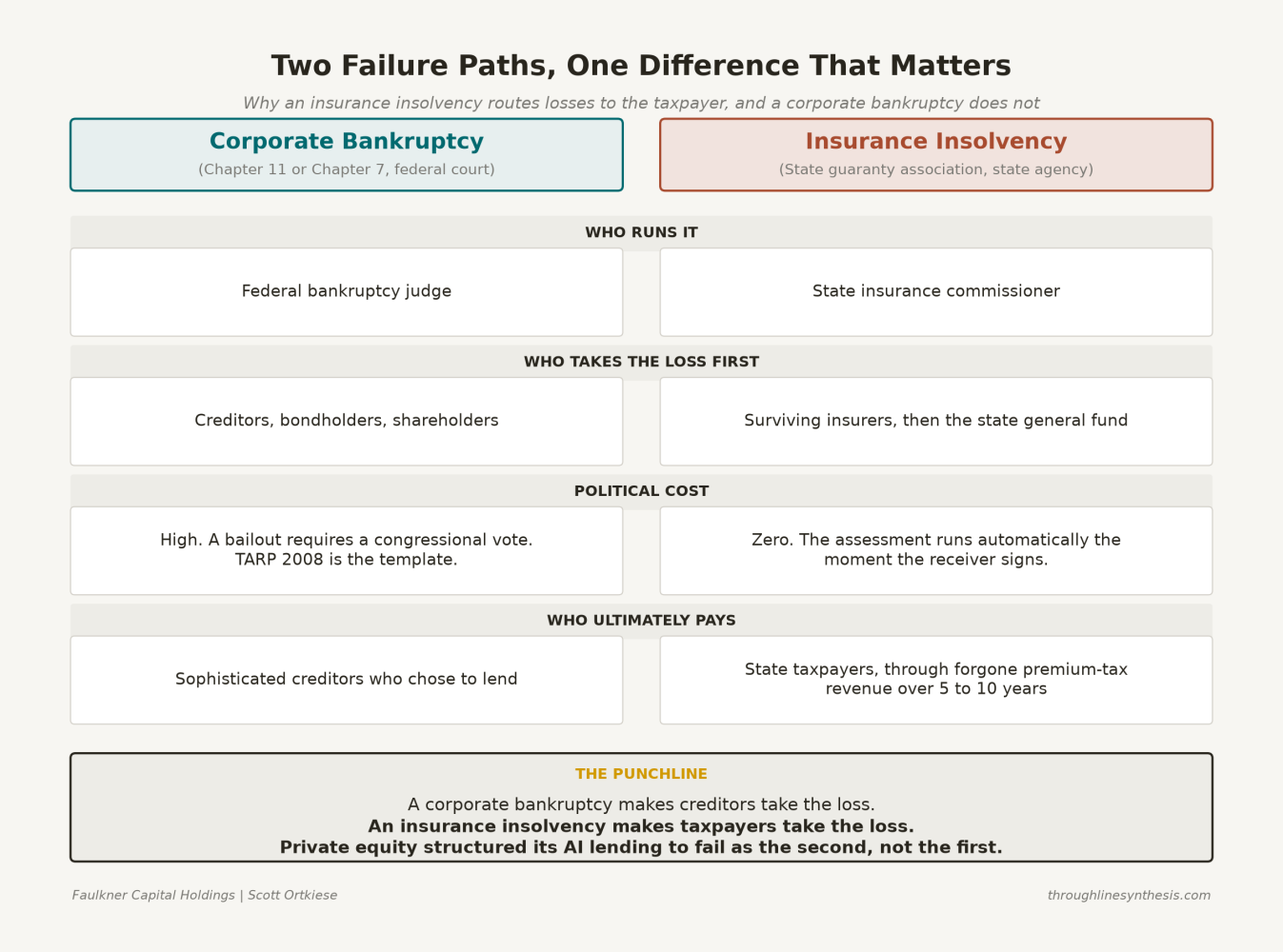 Comparison table of a corporate bankruptcy and an insurance insolvency: who runs it, who takes the loss first, the political cost, and who ultimately pays.