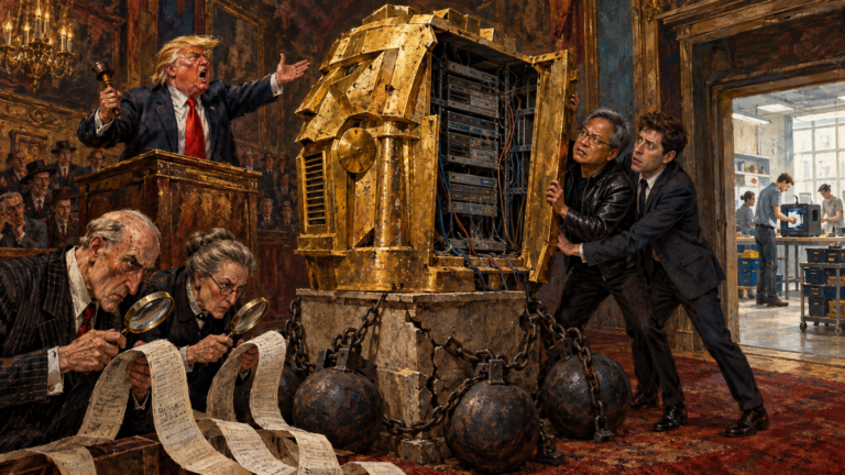 Painted political satire shows Trump auctioning a gilded server cabinet while Jensen Huang and Sam Altman prop up its casing. Creditors inspect long payment papers beside chained iron weights. Technicians work with a small computer in an adjoining workshop.
