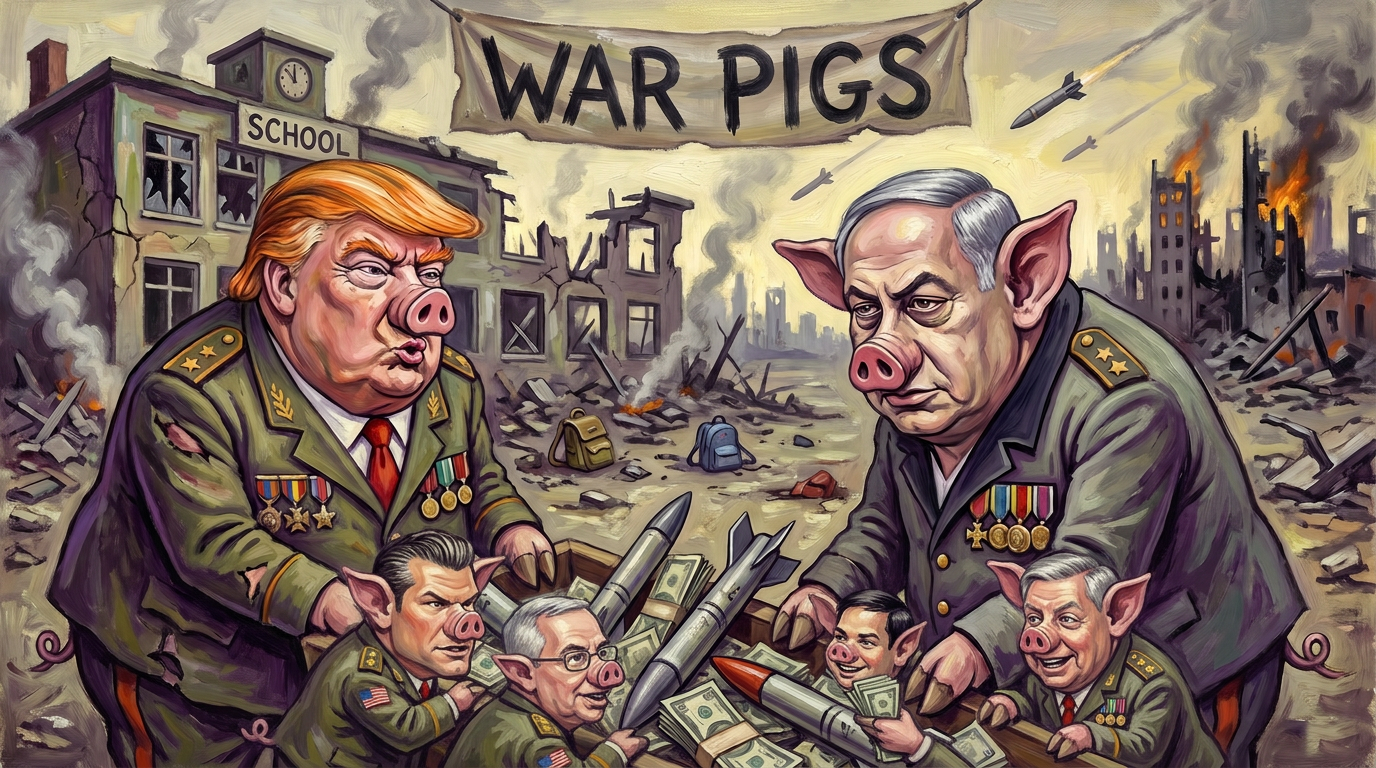 Grotesque satirical painting in the manner of Otto Dix showing Trump and Benjamin Netanyahu as war pigs in generals uniforms gorging at a trough of cruise missiles and cash, with piglets Pete Hegseth, Scott Bessent, Marco Rubio and Lindsey Graham feeding beside them, in front of a bombed school with children's backpacks in the rubble, under a banner reading WAR PIGS.